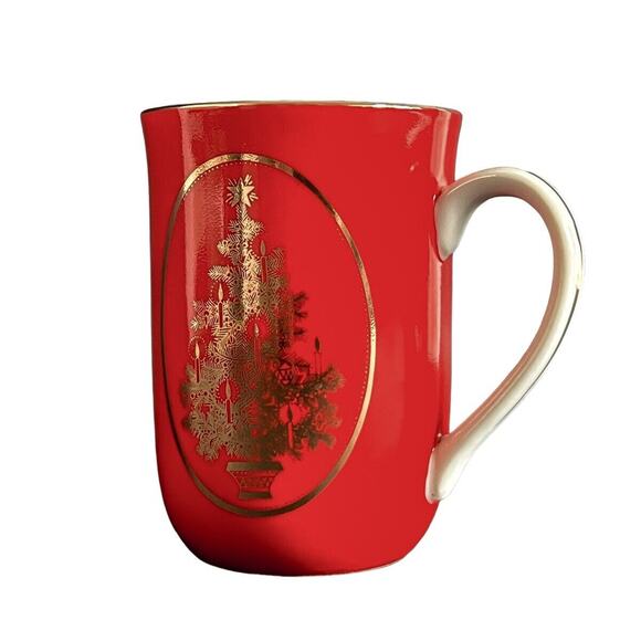 Otagiri Christmas Gibson Porcelain Cup Red Gold Tree Mug Holidays 4" Tall Japan - Picture 2 of 11